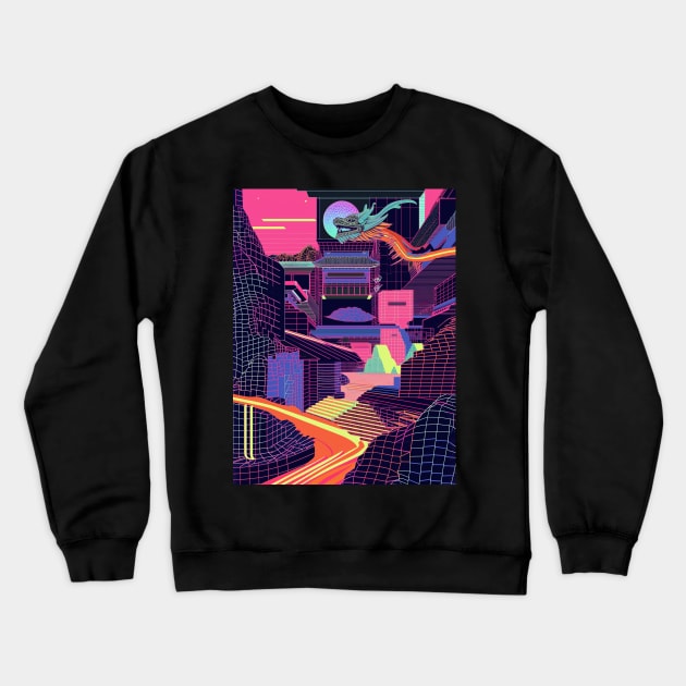 neon valley flight of the digital dragon Crewneck Sweatshirt by bulografik